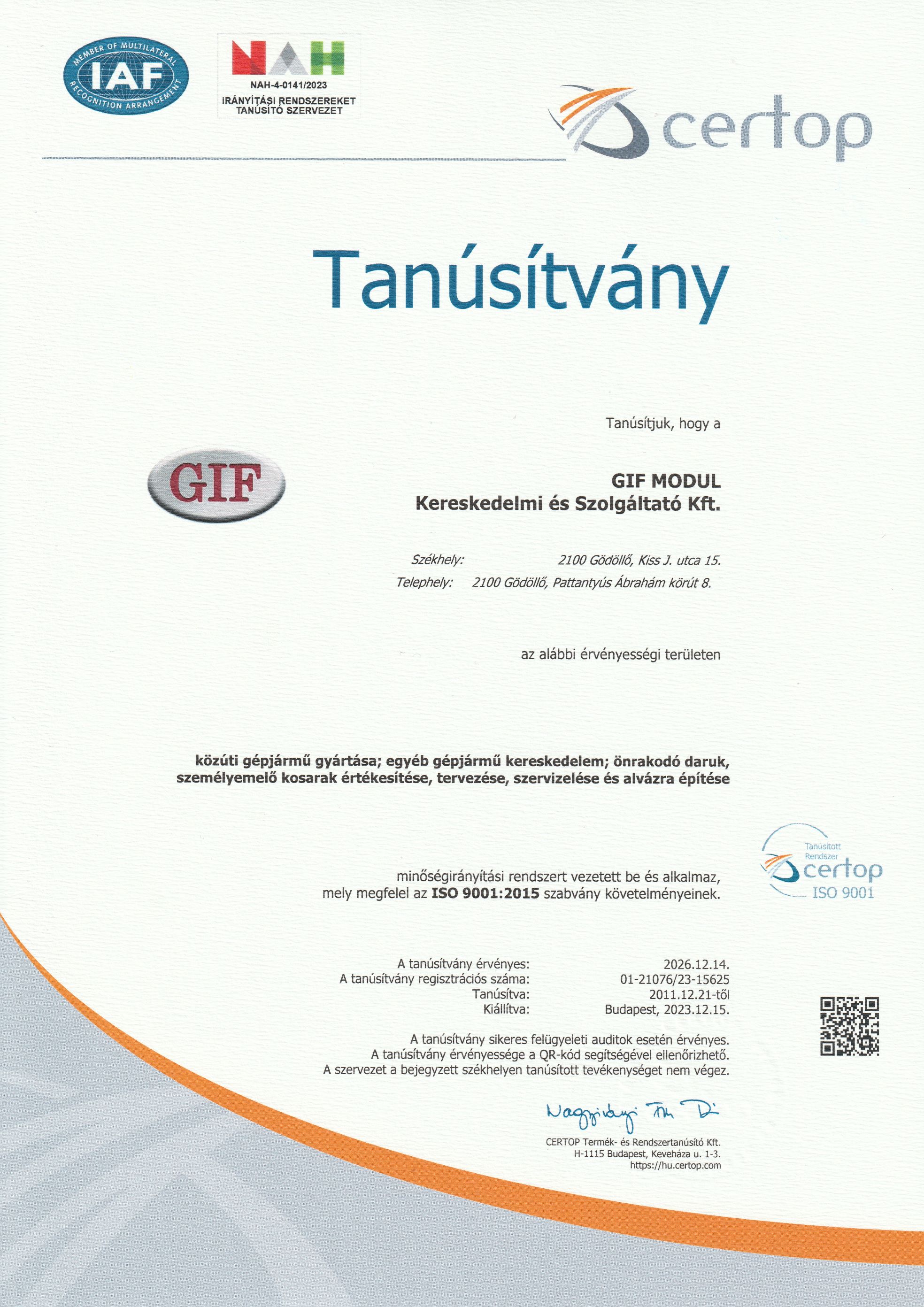 ISO 9001 Tanúsítvány